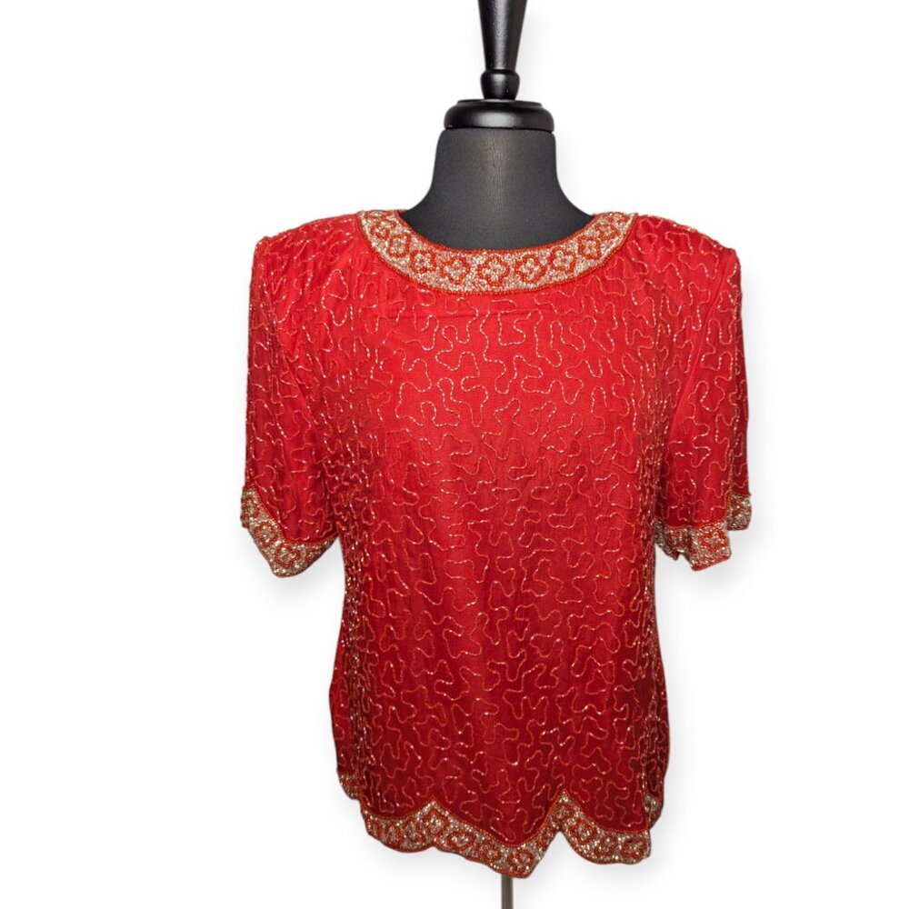 Vintage Red Beaded Short Sleeve Top w/Shoulder Pad and Scalloped Hem Size Large